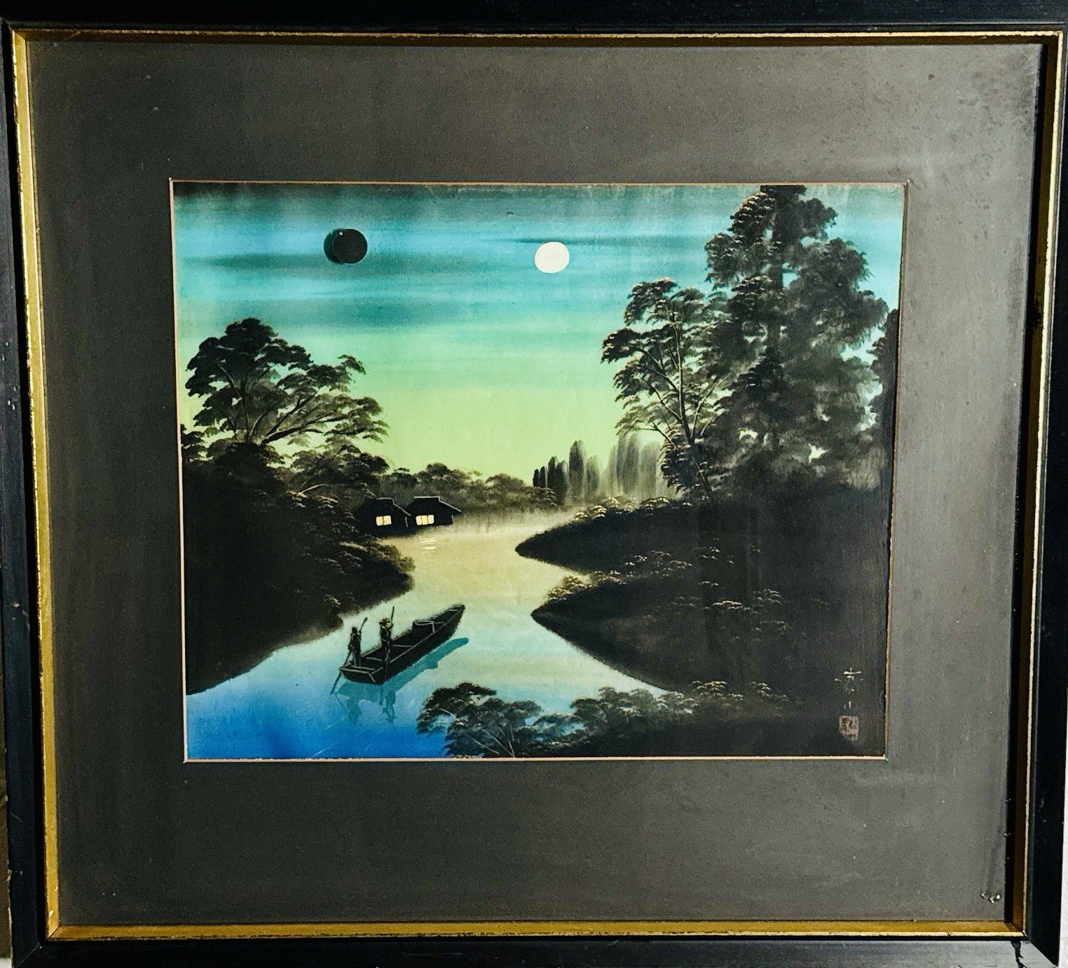 Chinese Silk Landscape Painting Framed Ink on Silk with Red Seal 22x24