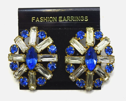 Vtg. Sapphire Blue Clear Rhinestone Costume Jewelry Earrings - S1