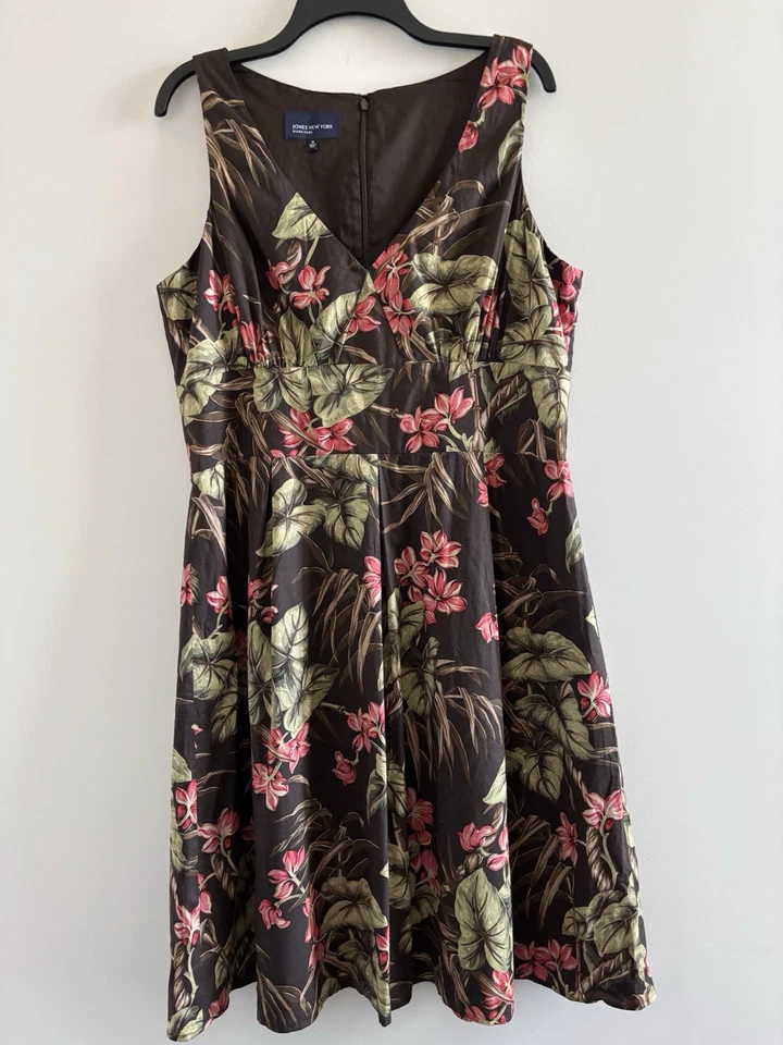 Vestido Jones New York De Colección Marrón Floral Algodón Cuello en V Sin Mangas Rodilla Para Mujer 16 Foto 3 de 4