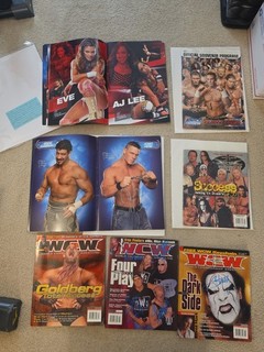 7 SIGNED WWE PROGRAM & WCW MAGAZINES! RANDY SAVAGE JOHN CENA GOLDBERG AJ LEE