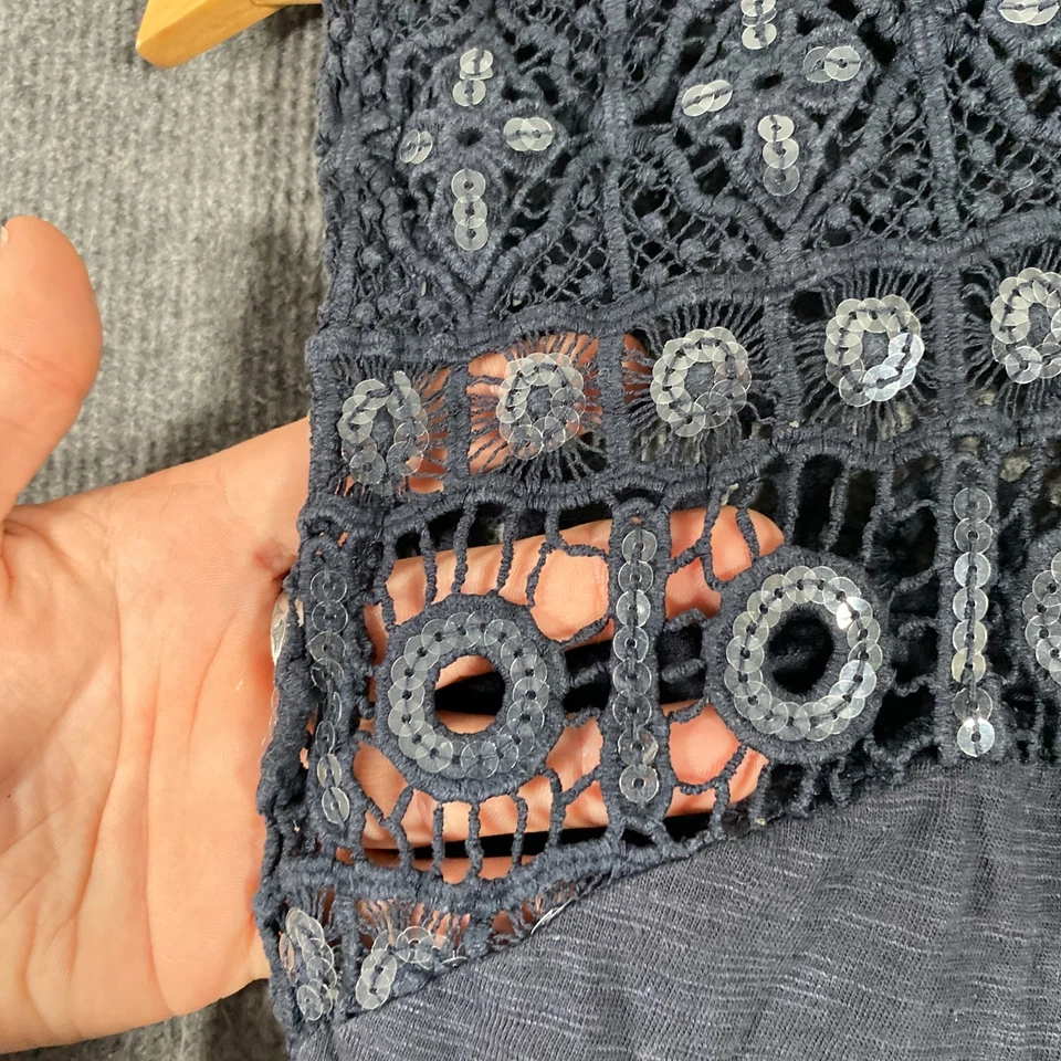 Superdry Top Womens M Blue Shirt Crochet Sheer Coastal Sequins Boho Gypsy T3 - image 3 of 4