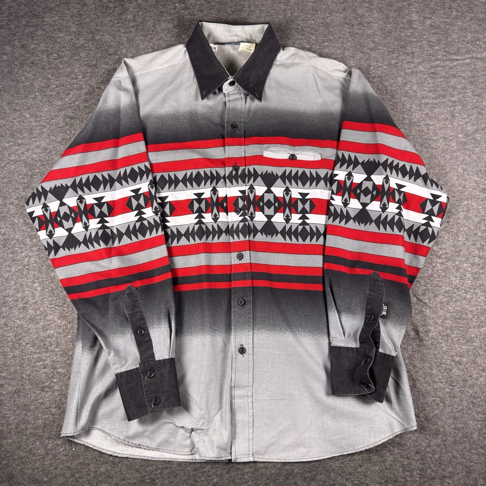 Vintage Brooks & Dunn Shirt Mens 17 1/2 Red Grey Aztec Print Cowboy Western 90s