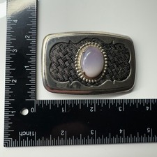 Vintage Western Style Oval Stone Belt Buckle Silver Tone Woven Pattern