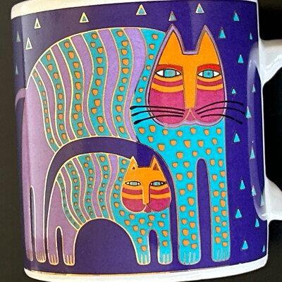 Vintage Laurel Burch Coffee Mug Cup  Mr Jio's Cat  1991 Gold Outline Purple Blue