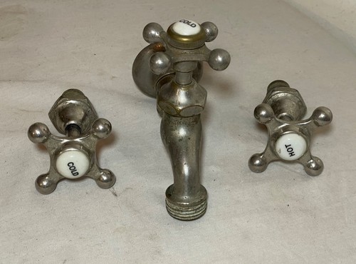 3 piece antique nickel plated brass porcelain industrial wall faucet fixture - Picture 8 of 13
