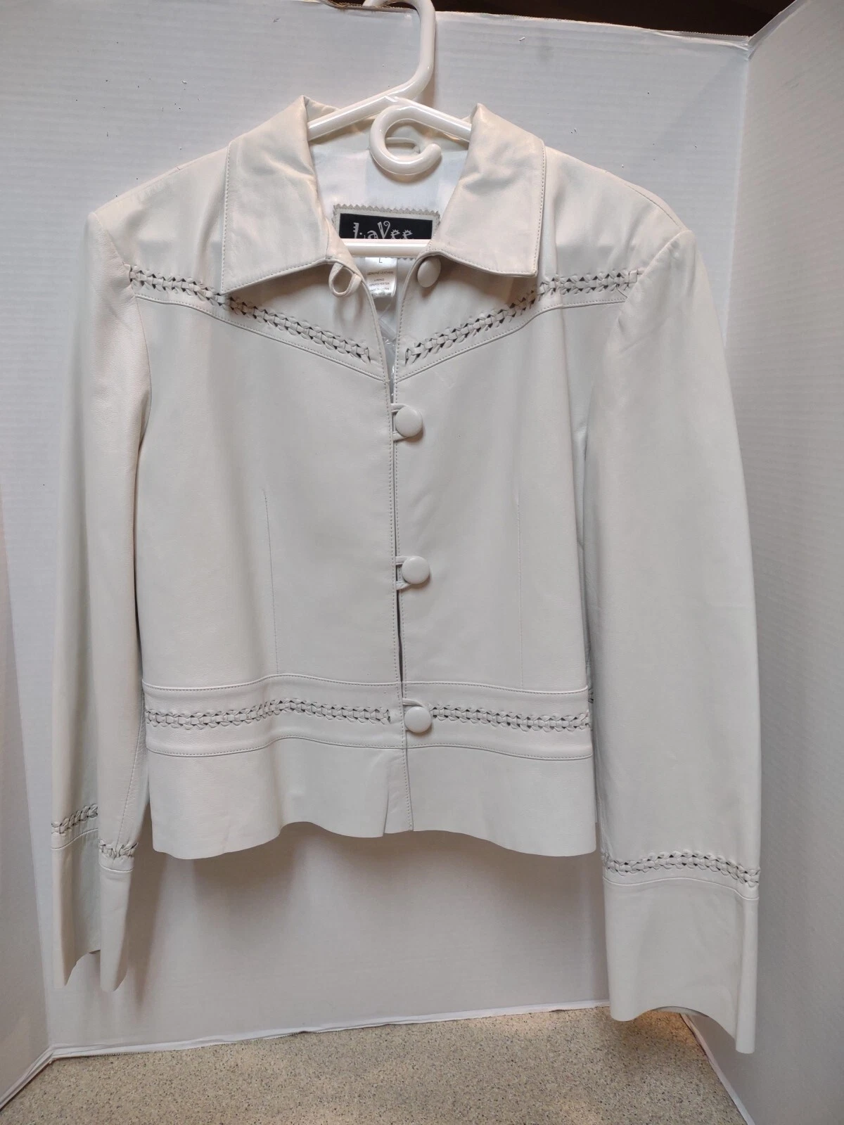 OFF WHITE Giacca crop da donna vintage off in pelle bianca taglia large