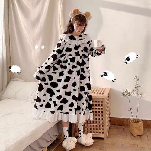 Japanese women Cow Print Ruffle Pajamas Night Dress Kawaii Thicken  Sleepwear rob | eBay