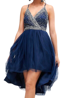 NEW ASOS NAVY BLUE BALLERINA MESH TULLE EMBELLISHED CAMI MIDI HIGH LOW DRESS  4 | eBay