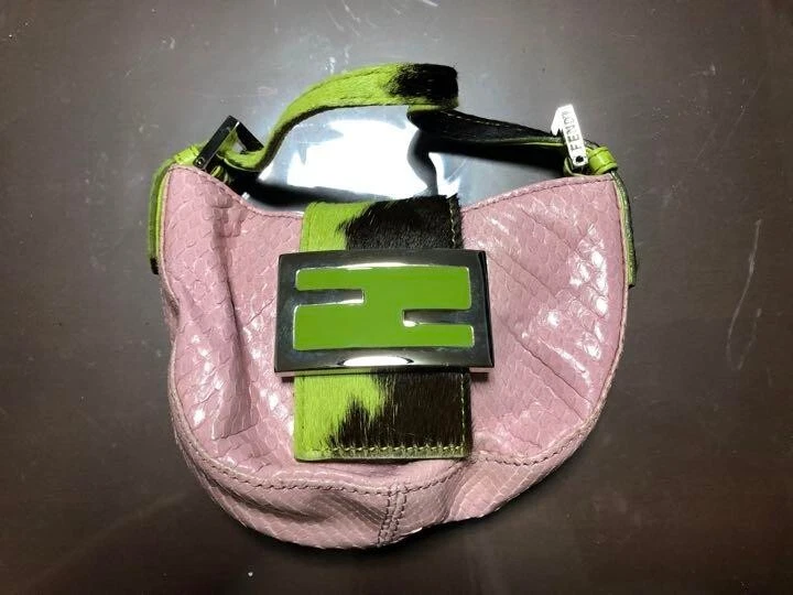 FENDI FF Mamma Baguette Shoulder Hand Bag Croissant Mini Bag Green x Rose Rare
