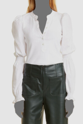 Veronica Beard Jeans Women's White Rib-Knit Puff Sleeve Effy Blouse Top Size L