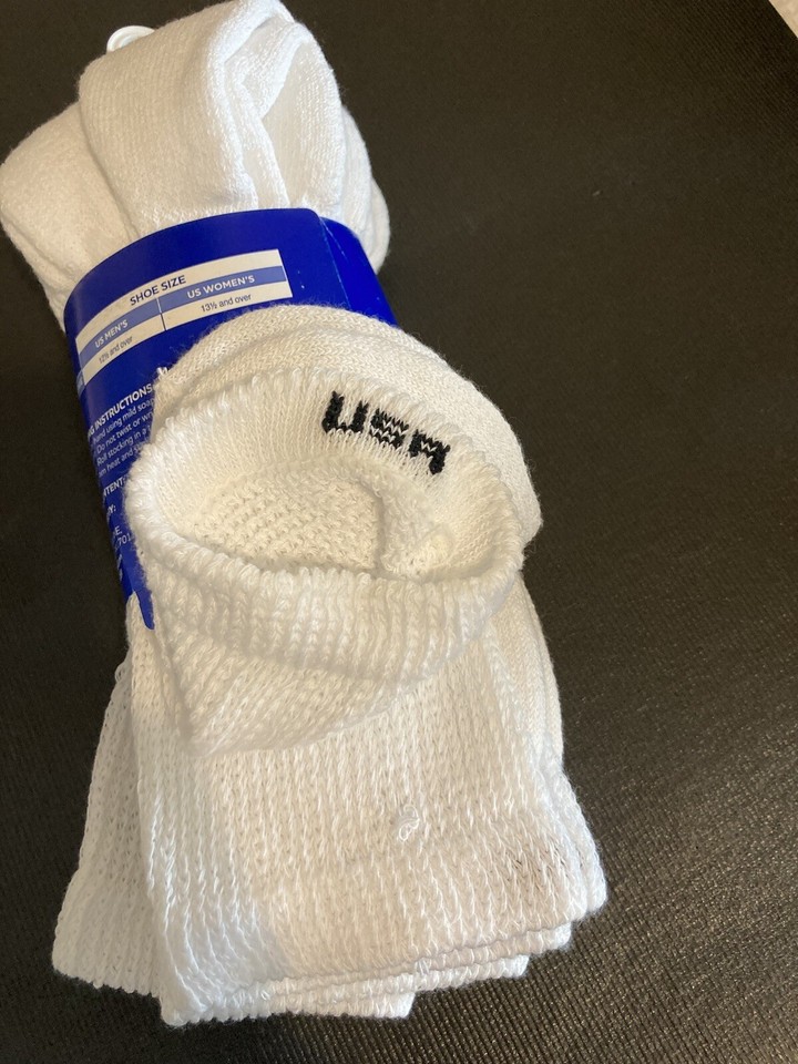 New 3 Pair Diabetic Crew Socks White Loose Fit Top XL Size 1315 USA