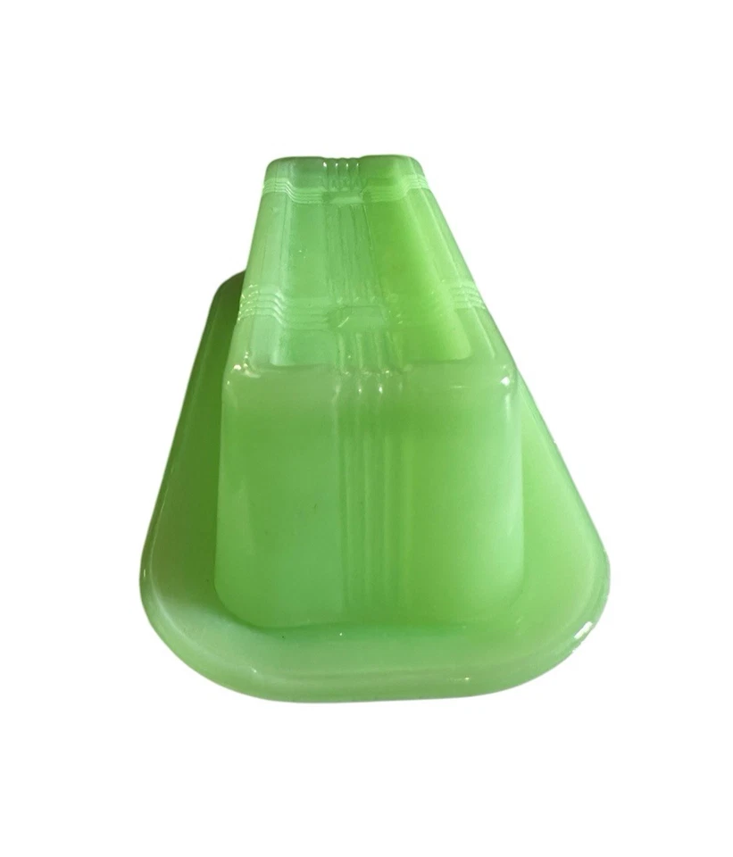 TPC Jadeite Butter Dish Green Glass Covered Tray Criss Cross Striped Retro Vtg - Image 3 of 4