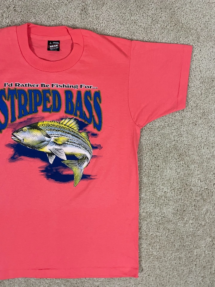 Vintage Fruit Of The Loom Bass T-Shirt Mens Large Made in USA Single Stitch Pink - Image 4 of 4