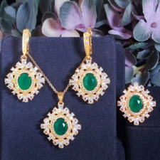 Women Elegant Gold Plated Green Cubic Zirconia Pendant Party Costume Jewelry Set