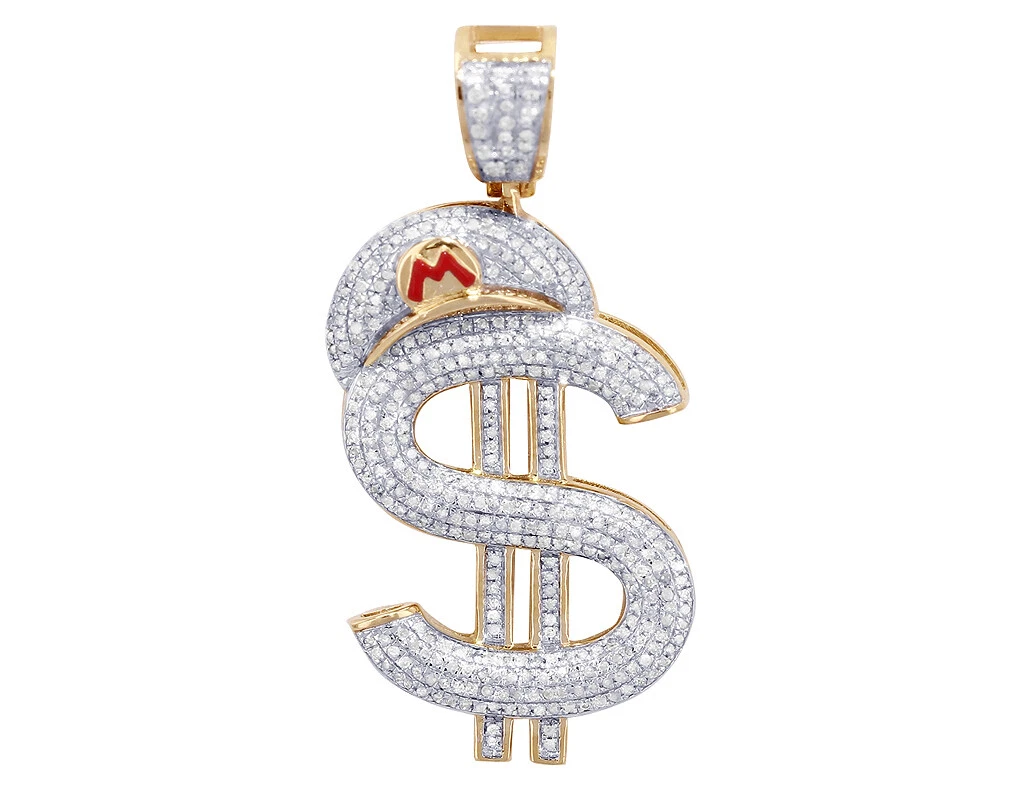 Dollar Mario 0.68CT Real Diamond Pendant 10K Yellow White Gold 1.5