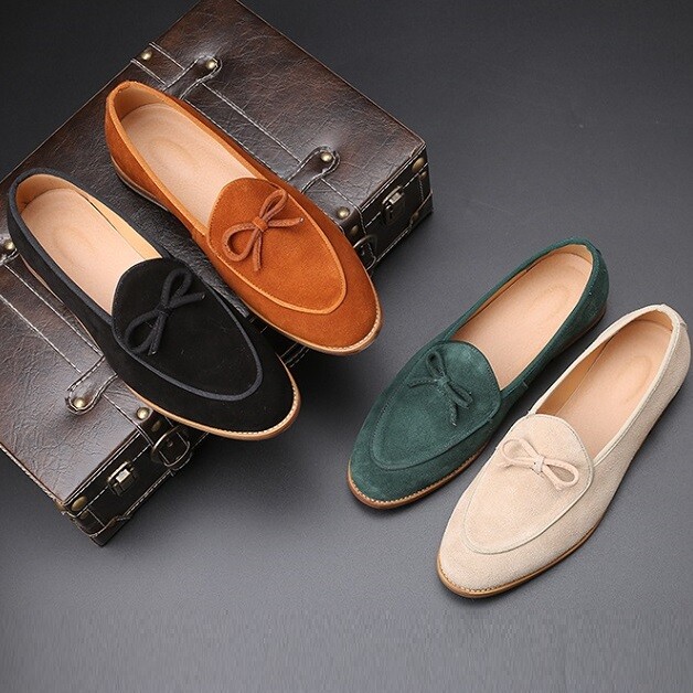 Mens Slip On Loafers Bowknot Casual Suede Leather