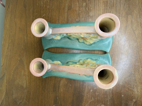 2 Vintage Roseville Pottery Peony Double Candlesticks Candle Holders 1153 READ - Picture 8 of 15