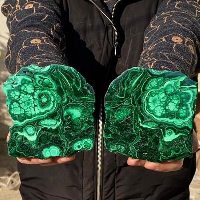 2.19LB A Pair Natural malachite slice quartz crystal luster mineral specimen