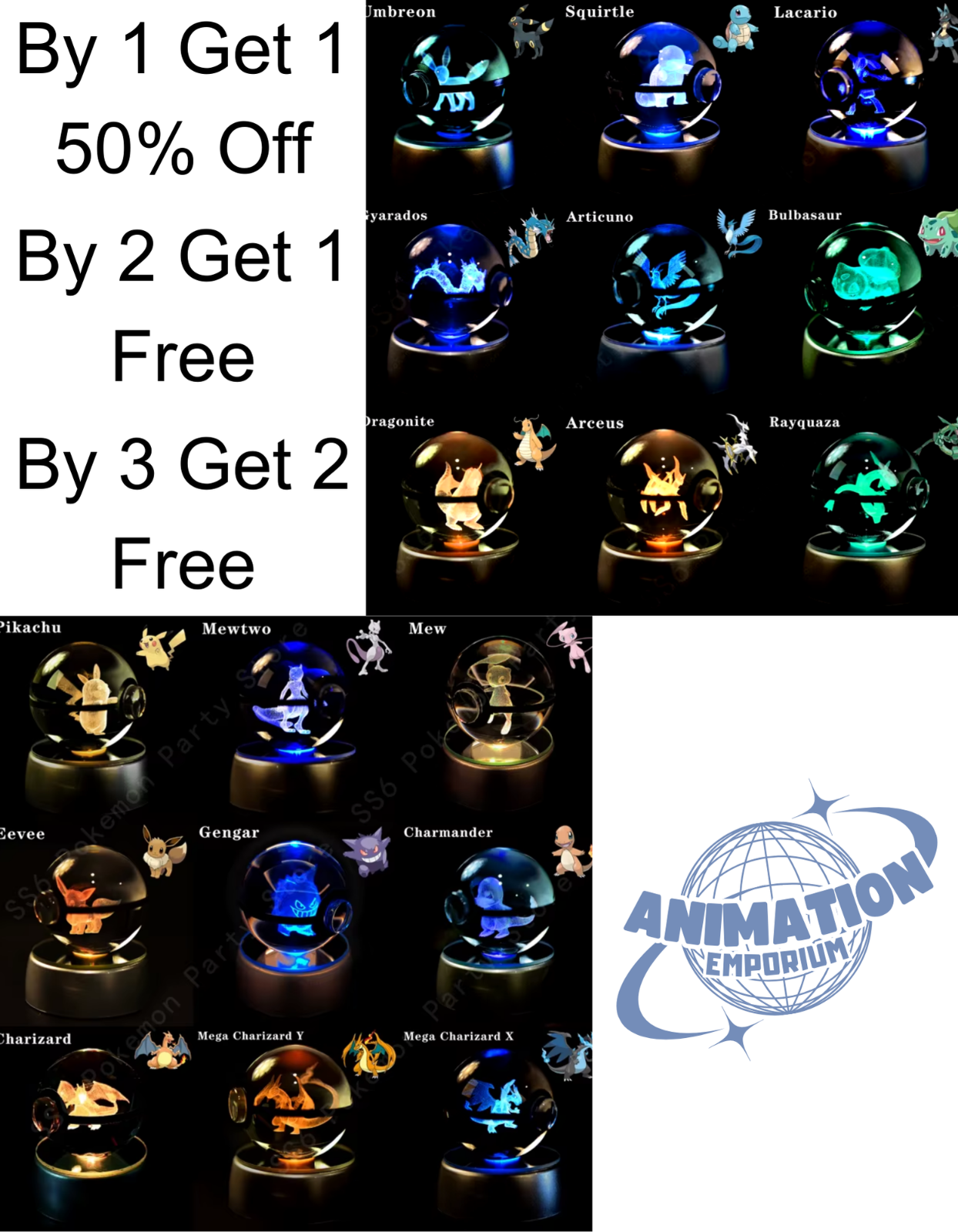 Pokémon | 34 Different Pokemon in 3D Crystal Pokeballs  | LED Light Base