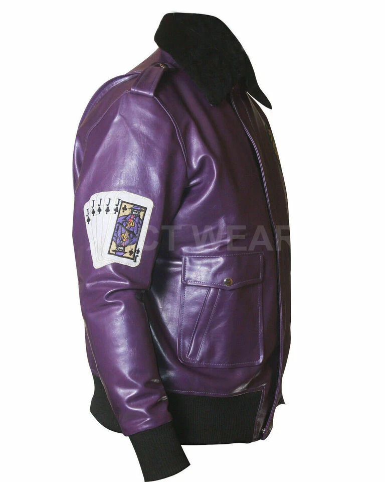 Mens Henchmen Joker Movie Goon Purple Bomber Jacket with Fur Collar - Image 3 of 4