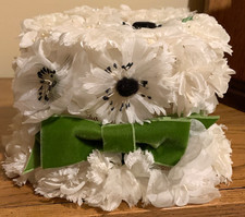 Vintage White Floral Hat with Green Velvet Ribbon and Bow, Cloche or Bucket