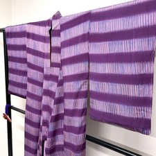 Vintage Purple Horizontal Stripes Kimono Collar Used Japan