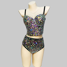 Samba Carnival Dance Costume Colorful Stones Bodysuit Bra Top High Waist Panties