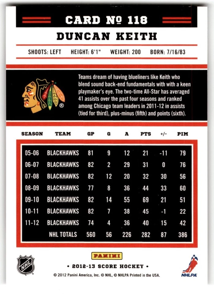 Duncan Keith 2012-13 Score Gold Rush #118 Chicago Blackhawks - Image 2 of 2