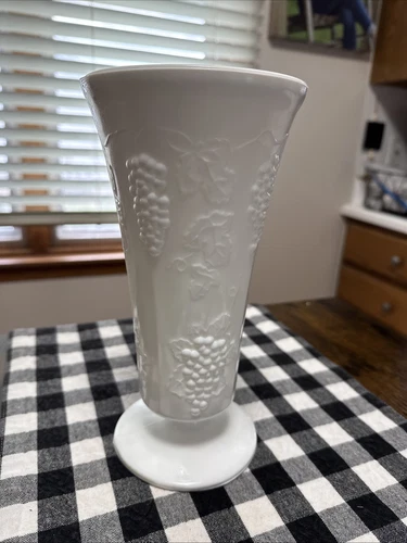 Vintage Milk Glass Vase, White, Raised Grapes & Leaves, Footed