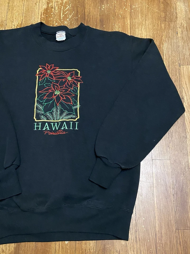 VTG 90s Black Embroidered Floral Hawaii Center Logo Crewneck Sweatshirt Medium - Image 4 of 4