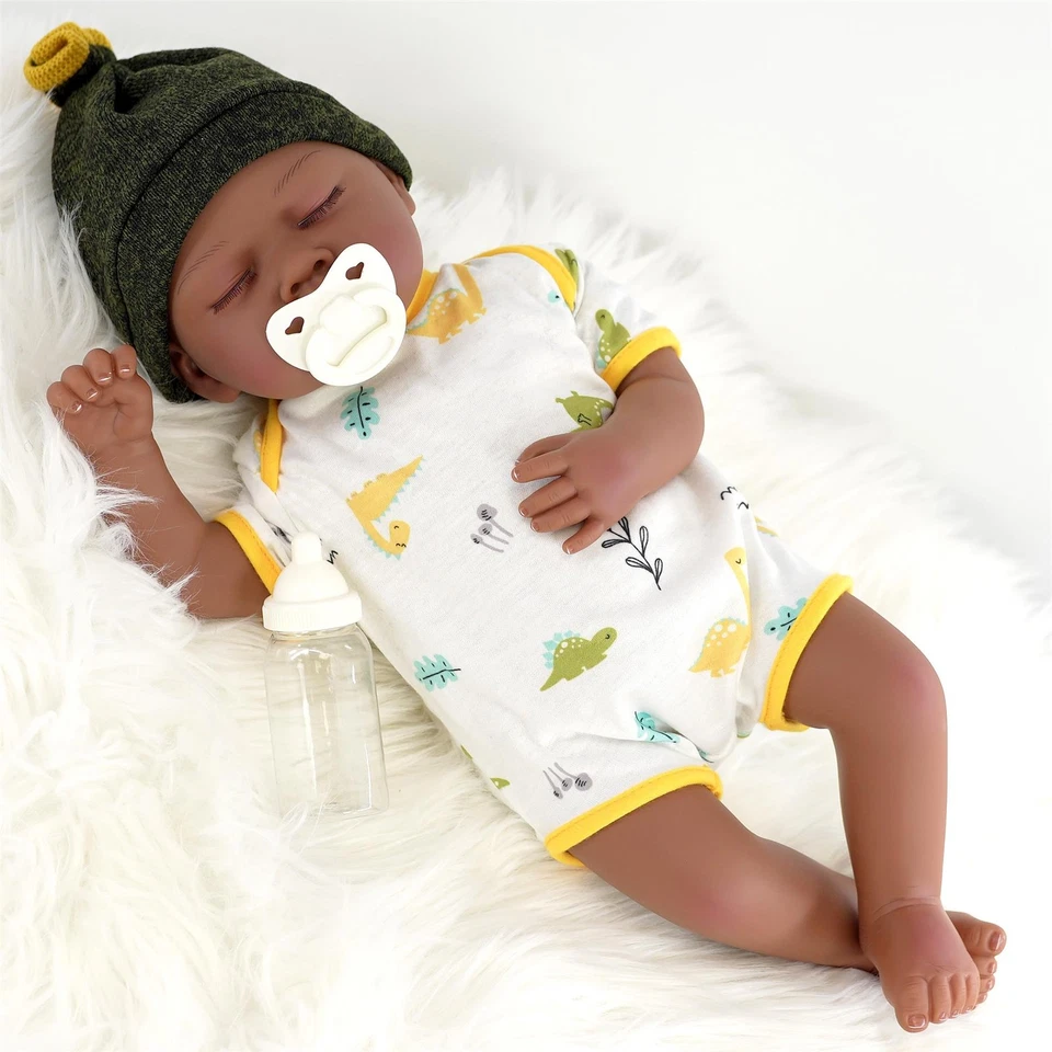Black Baby Doll Ethnic Reborn Boy Sleeping 20" Toy with Dummy & Bottle BiBi Doll - Image 3 of 4