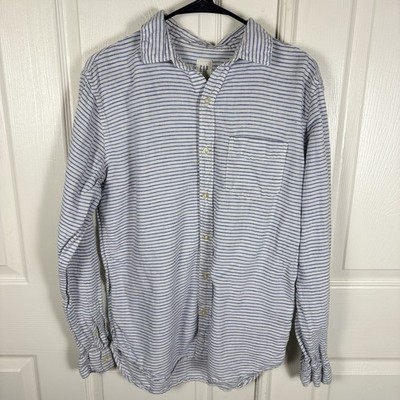 Gap Dress Shirt Mens Medium White Blue Striped Linen Cotton Blend Button Up