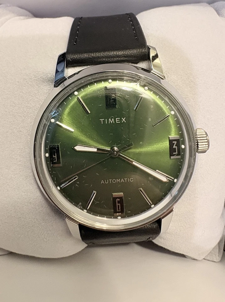 Timex Marlin男士自动表40毫米绿色表盘黑色皮革表带手表... — 第 4/4 张图片
