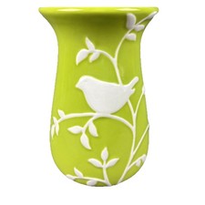 Green Vase w/ White Bird and Leaves Teleflora Ceramic Hello Spring 7.5 in Tall