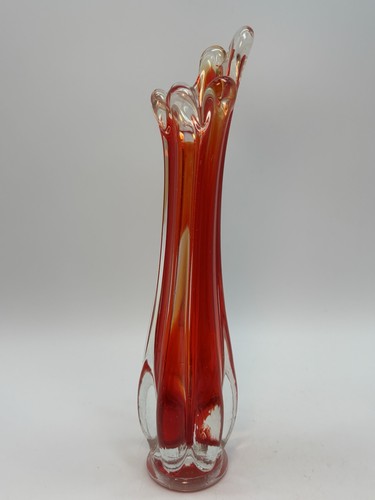 Vintage 6 Finger gerippte geschwungene Vase rot ummantelt 10 Zoll - Bild 5 von 12