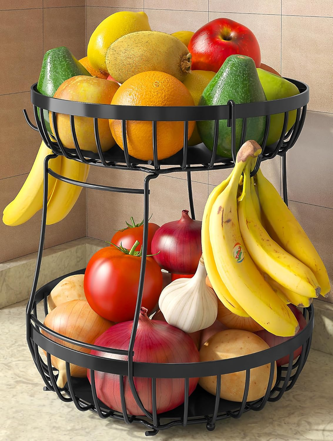 2 Tier Large Fruit Basket for Kitchen Counter with 2 Banana Hangers, Metal Stack