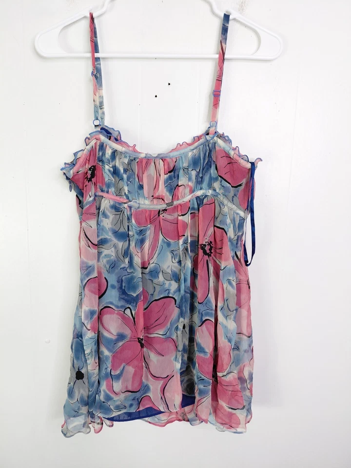 INC Top Mujer 8 M Babydoll Seda Y2K Silenciado Colorido Floral Volantes Retro Foto 2 de 4