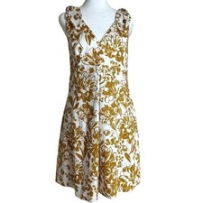 ELIZA J Mustard Yellow Floral Print Fit Flare Grad Dress Sleeveless Bow NWT...