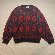 Vintage OKJT Geometric Knit Sweater Mens Large Red Black Made In USA 80s Retro
