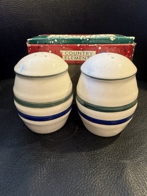 Vintage Country Elements Green & Blue Stripe Salt & Pepper Shakers
