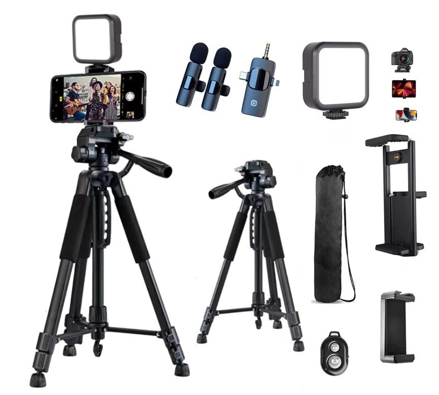 57" Vlogging Kit Wireless Mic, LED Light & Tripod for iPhone Android YouTube UK