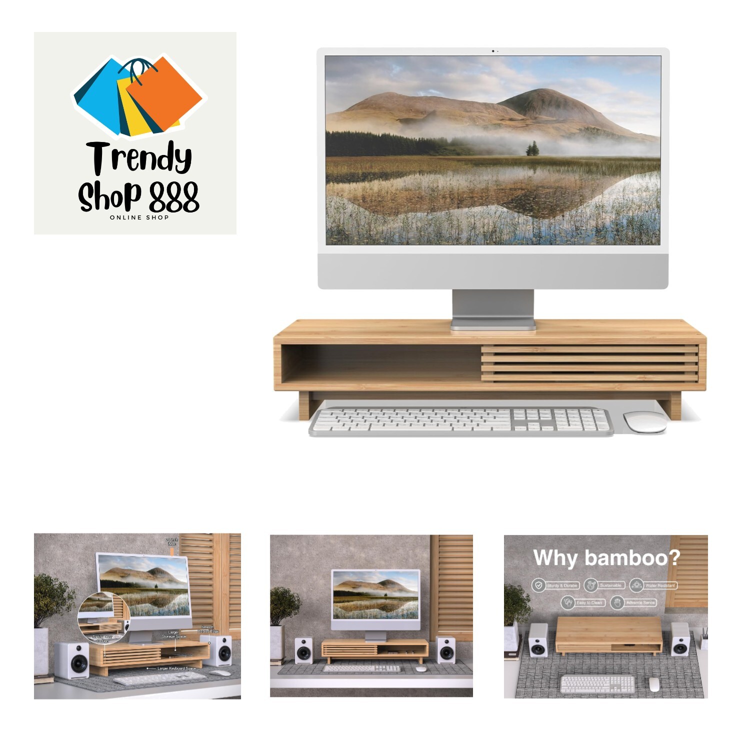 Monitor Stand Riser, 25 Inch Premium Bamboo Desk Shelf Organizer with Sliding...-image