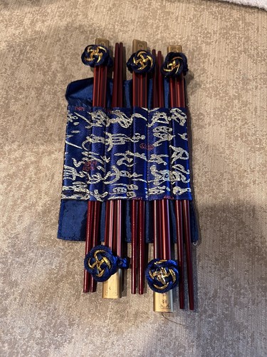Blue Oriental Chopsticks Braided Napkin Rings Silk Embroidered Placemats Set 6 - Picture 5 of 7