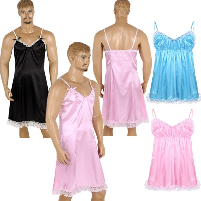 Men Sissy Satin Underwear Smooth Vintage Slip Dress Nightwear Fancy