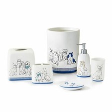 6-Pc JLA Pet Friends Bath Ensemble Cat Dog Paws White Blue Country Farmhouse