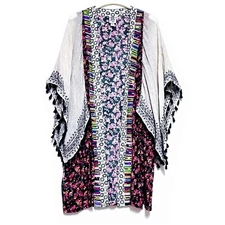 Ivy Jane Kimono Duster Longline Open Front Mixed Media Linen Blend Floral Boho