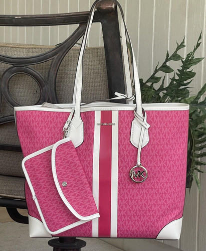MICHAEL KORS EVA LARGE TOTE SHOULDER BAG POUCH MK DRAGONFRUIT PINK LOGO STRIPE - Picture 3 of 14