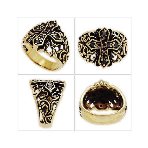 ARABESQUE BLACK CZ PAVE CROSS SOLID BRASS CHRISTIAN BIKER JEWELRY RING