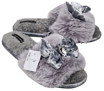 PRETTY YOU London Slippers Ladies Darcey Grey Bow Gem Effect