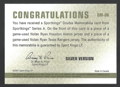 2007 SPORTKINGS NOLAN RYAN DOUBLE GAME USED WORN JERSEY PATCH SILVER #DM-06 - Bild 2 von 2